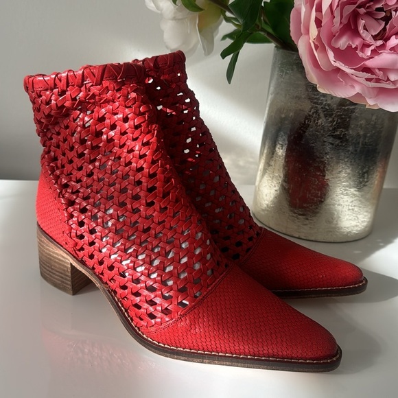 Free People Red Metallic Ankle Booties with Woven Texture - Picture 4 of 10